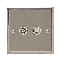 TV / Satellite Socket in Satin Nickel Plate with Polished Nickel Edge and White Trim, Elite Stepped Flat Plate