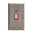 45A Red Rocker Cooker Switch with Neon (Twin Plate) in Satin Nickel Plate with Polished Nickel Edge and Black Trim, Elite Stepped Flat Plate