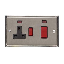 45A Cooker Unit with 13A Switched Socket and Neon in Satin Nickel Plate with Polished Nickel Edge and Black Trim, Elite Stepped Flat Plate