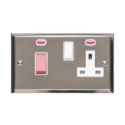 45A Cooker Unit with 13A Switched Socket and Neon in Satin Nickel Plate with Polished Nickel Edge and White Trim, Elite Stepped Flat Plate