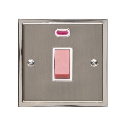 45A Red Rocker Cooker Switch (Single Plate) with Neon in Satin Nickel Plate with Polished Nickel Edge and White Trim, Elite Stepped Flat Plate
