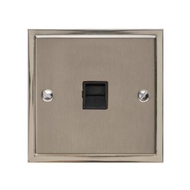 1 Gang Secondary Line Telephone Socket in Satin Nickel Plate with Polished Nickel Edge and Black Trim, Elite Stepped Flat Plate