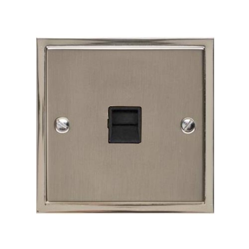 1 Gang Secondary Line Telephone Socket in Satin Nickel Plate with Polished Nickel Edge and Black Trim, Elite Stepped Flat Plate