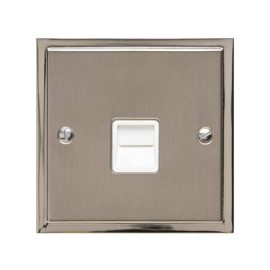 1 Gang Secondary Line Telephone Socket in Satin Nickel Plate with Polished Nickel Edge and White Trim, Elite Stepped Flat Plate