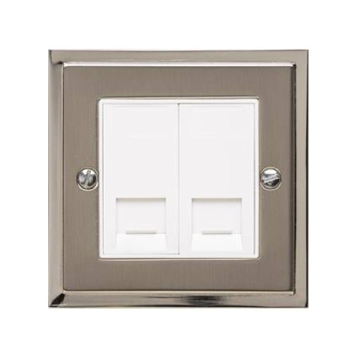 1 Gang Master Line Telephone Socket in Satin Nickel Plate with Polished Nickel Edge and White Trim, Elite Stepped Flat Plate