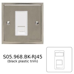 1 Gang RJ45 Data Socket in Satin Nickel Plate with Polished Nickel Edge and Black Trim, Elite Stepped Flat Plate