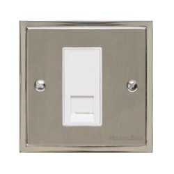 1 Gang RJ45 Data Socket in Satin Nickel Plate with Polished Nickel Edge and White Trim, Elite Stepped Flat Plate