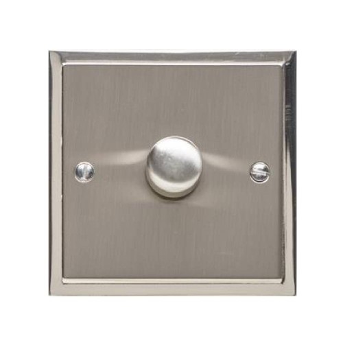 1 Gang 2 Way Trailing Edge LED Dimmer 10-120W in Satin Nickel Plate with Polished Nickel Edge and Dimmer Knob, Elite Stepped Flat Plate