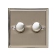 2 Gang 2 Way Trailing Edge LED Dimmer 10-120W in Satin Nickel Plate with Polished Nickel Edge and Dimmer Knobs, Elite Stepped Flat Plate