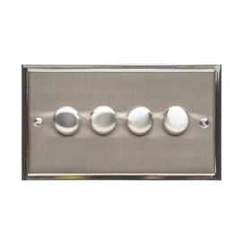 4 Gang 2 Way Trailing Edge LED Dimmer 10-120W in Satin Nickel Plate with Polished Nickel Edge and Dimmer Knobs, Elite Stepped Flat Plate