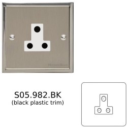 1 Gang 5A 3 Round Pin Socket Unswitched in Satin Nickel Plate with Polished Nickel Edge and Black Trim, Elite Stepped Flat Plate