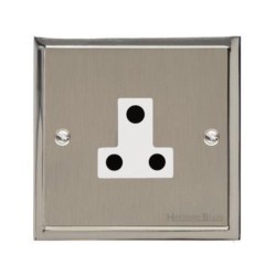 1 Gang 5A 3 Round Pin Socket Unswitched in Satin Nickel Plate with Polished Nickel Edge and White Trim, Elite Stepped Flat Plate