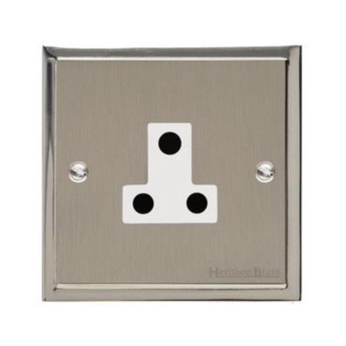 1 Gang 5A 3 Round Pin Socket Unswitched in Satin Nickel Plate with Polished Nickel Edge and White Trim, Elite Stepped Flat Plate