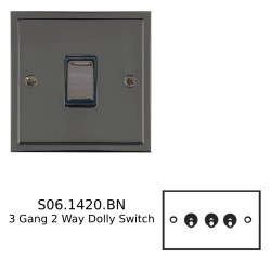 3 Gang 2 Way 20A Dolly Switch in Polished Black Nickel Plate and Dolly, Elite Stepped Flat Plate