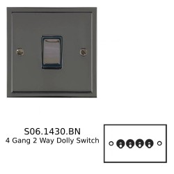 4 Gang 2 Way 20A Dolly Switch in Polished Black Nickel Plate and Dolly, Elite Stepped Flat Plate