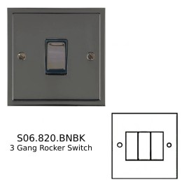 3 Gang 2 Way 10A Rocker Switch Elite Black Nickel Stepped Plate and Switches with Black Trim