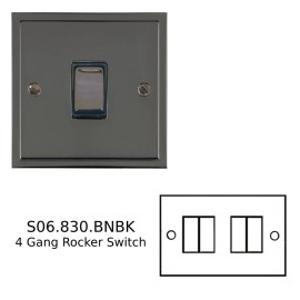 4 Gang 2 Way 10A Rocker Switch Elite Black Nickel Stepped Plate and Switches with Black Trim