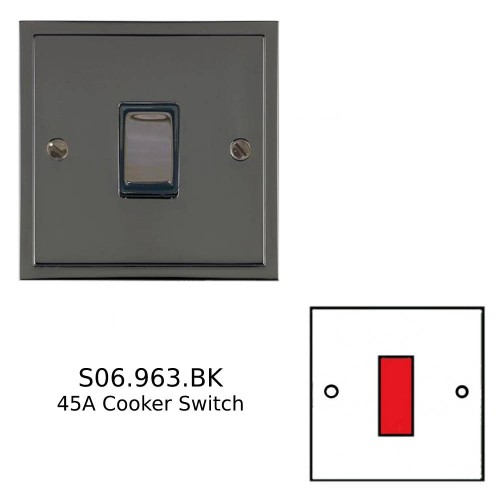 45A Red Rocker Cooker Switch on a Single Plate Black Nickel Elite Stepped Plate with Black Trim