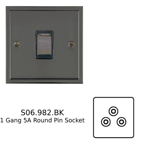 1 Gang 5A 3 Round Pin Socket Unswitched in Polished Black Nickel with Black Trim Elite Stepped Flat Plate