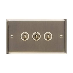3 Gang 2 Way 20A Dolly Switch in Antique Brass Plate and Toggle Switches, Elite Stepped Flat Plate