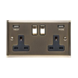 2 Gang 13A Socket with 2 USB Sockets Elite Stepped Flat Antique Brass Plate and Rockers with Black Insert