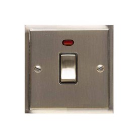1 Gang 20A Double Pole Switch with Neon in Antique Brass and Black Trim Elite Stepped Flat Plate