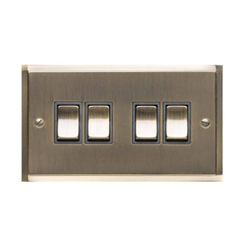 4 Gang 2 Way 10A Rocker Switch in Antique Brass and Black Trim Elite Stepped Flat Plate