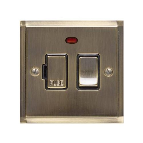 13A Switched Fused Spur with Neon in Antique Brass and Black Trim Elite Stepped Flat Plate