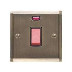 45A Red Rocker Cooker Switch (Single Plate) with Neon in Antique Brass with Black Trim Elite Stepped Flat Plate