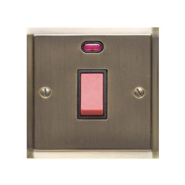45A Red Rocker Cooker Switch (Single Plate) with Neon in Antique Brass with Black Trim Elite Stepped Flat Plate