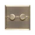 2 Gang 2 Way Trailing Edge LED Dimmer 10-120W in Antique Brass Plate and Knobs, Elite Stepped Flat Plate