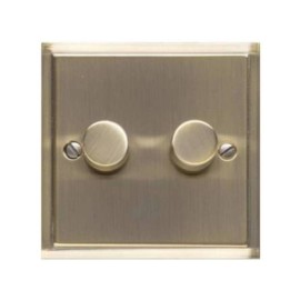 2 Gang 2 Way Push On/Off Dimmer Switch 400W in Antique Brass Plate and Knobs, Elite Stepped Flat Plate
