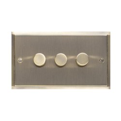3 Gang 2 Way Trailing Edge LED Dimmer 10-120W in Antique Brass Plate and Knobs, Elite Stepped Flat Plate