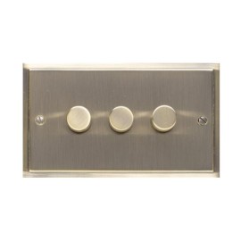 3 Gang 2 Way Trailing Edge LED Dimmer 10-120W in Antique Brass Plate and Knobs, Elite Stepped Flat Plate