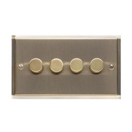 4 Gang 2 Way Trailing Edge LED Dimmer 10-120W in Antique Brass Plate and Knobs, Elite Stepped Flat Plate