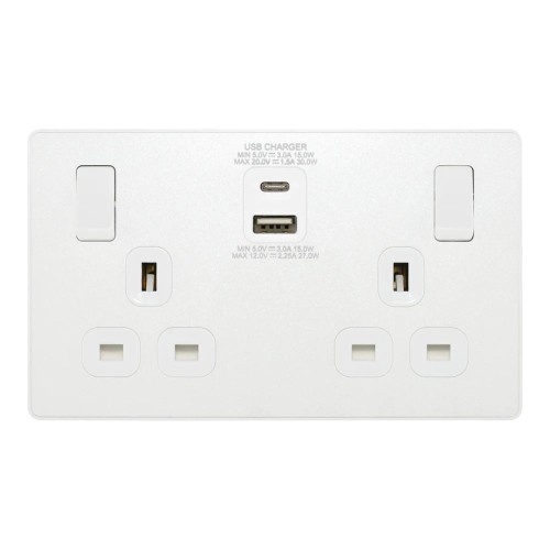 BG Evolve PCDCL22UAC30 2 Gang 13A Switched Socket with USB-A+C 3.1A 5V 30W Charger Socket Pearlescent White Plastic Screwless Plate