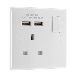 1 Gang 13A SP Switched Socket with 2 x USB-A Charger 2.1A 5V Moulded White Rounded Edges BG Nexus 821U2-01