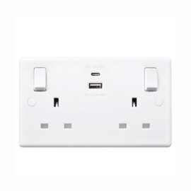 2 Gang 13A Socket with 4.2V A-type and C-type USB Charger White Moulded Plastic BG Nexus 822UAC