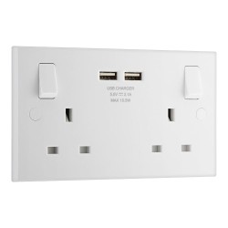 2 Gang 13A Switched Socket with 2x USB-A Sockets Square Edge White Moulded BG Nexus 922U3-01
