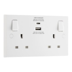 2 Gang 13A Switched Socket with USB type A+C Charger 30W White Moulded Square Edge Plate BG Nexus 922UAC30