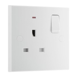 1 Gang 13A Switched Single Socket with Neon Indicator White Plastic Square Edge, BG Nexus 925 White Moulded