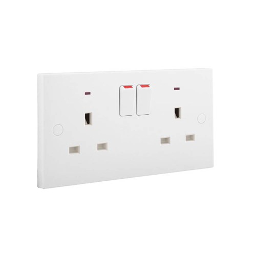 2 Gang 13A Switched Socket with Neon Indicators White Plastic Square Edge, BG Electrical 926 Moulded White