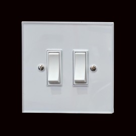 2 Gang 2 Way 20A Rocker Switch in White Plastic with White Trim Perspex Clear Plate