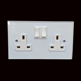 2 Gang 2 Way 13A Double Socket White Plastic Rocker and Trim on Perspex Clear Plate
