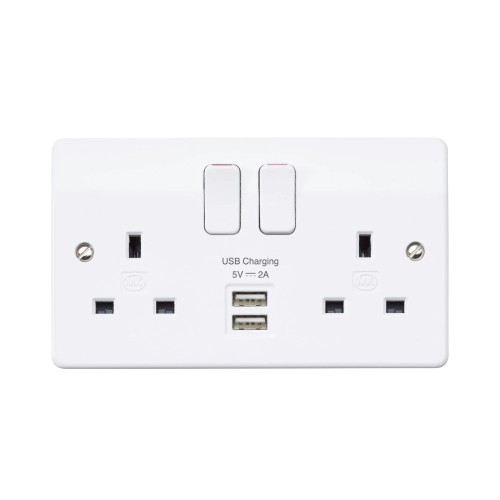 MK K2744WHI 2 Gang 13A Switched Socket with 2 x 5V USB Sockets 2A Dual Earth Terminals Logic Plus White Plastic