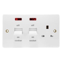 MK K5061WHI 45A DP Cooker Switch and 13A Switched Socket and Neon Indicators Moulded White with White Rockers, MK Logic Flush Mount