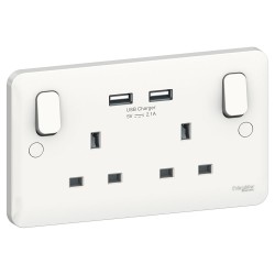 Lisse 2 Gang 13A Switched Socket with 2 USB Charger 5V 2.1A in White Moulded, Schneider GGBL30202USBAS USB Socket