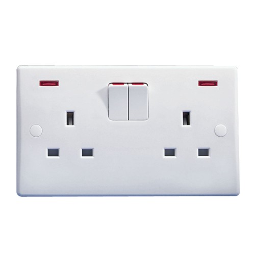 2 Gang 13A Switched Socket with Neon Indicators White Plastic Slimline Plate Schneider GU3021