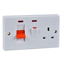 45A Cooker Switch with 13A Switched Socket and Neon Indicators White Plastic Slimline Schneider GU4001