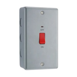 Metal Clad 45A DP Red Rocker Switch with Indicator on a Vertical Double Plate with Surface Mounting Box, BG Electrical MC572